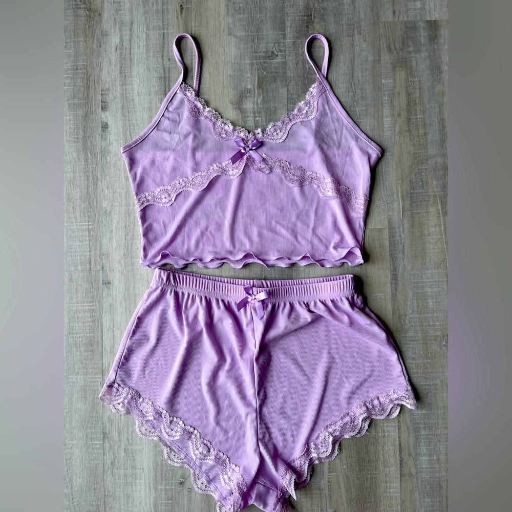 SHEIN Lavender Lace Trim Tank Top & Shorts Sleepwear Set Size Medium